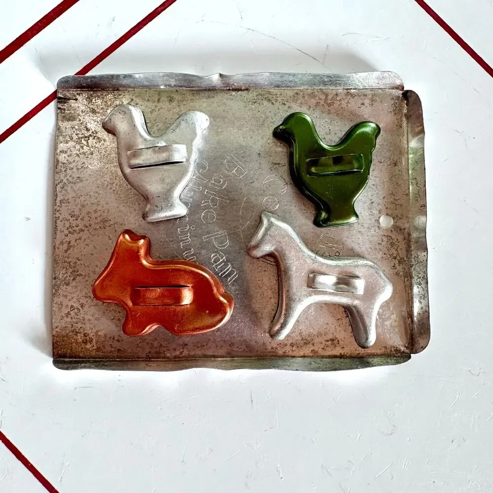 Vintage Child's Cooky Bake Pan Aluminum Toy Baking Set 4 Cookie Cutters